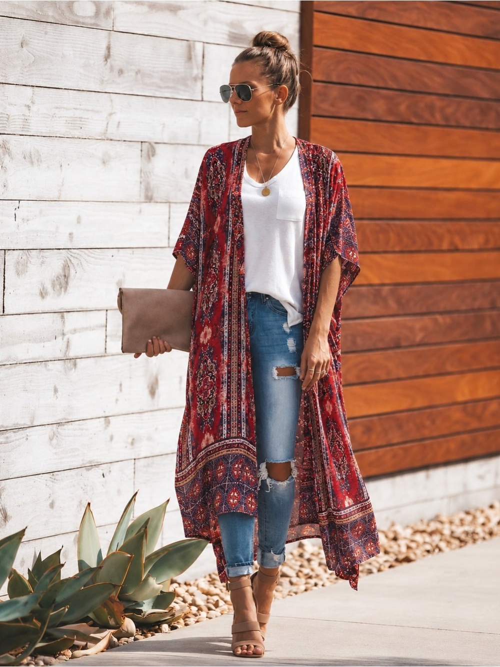 Duets Boho Tribal Print Red Long Duster Kimono Womens Size Medium